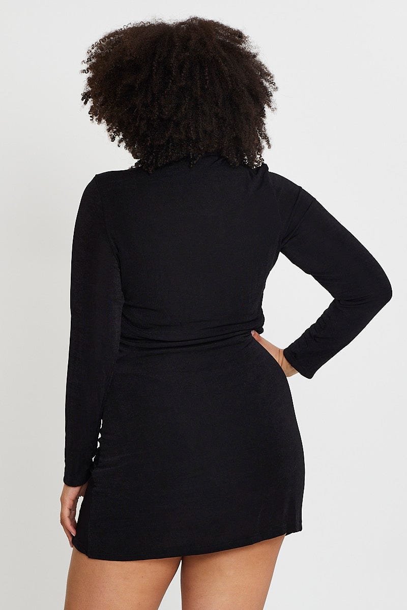Black Long Sleeve Slinky Jersey Button Dress For Women By You And All