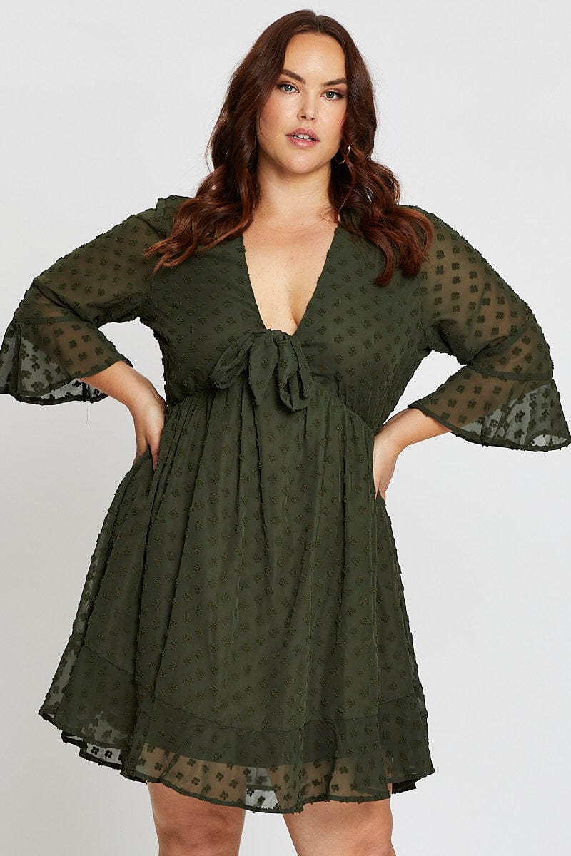 Green 3/4 Sleeve Flock Spot Tie Dress for YouandAll Fashion