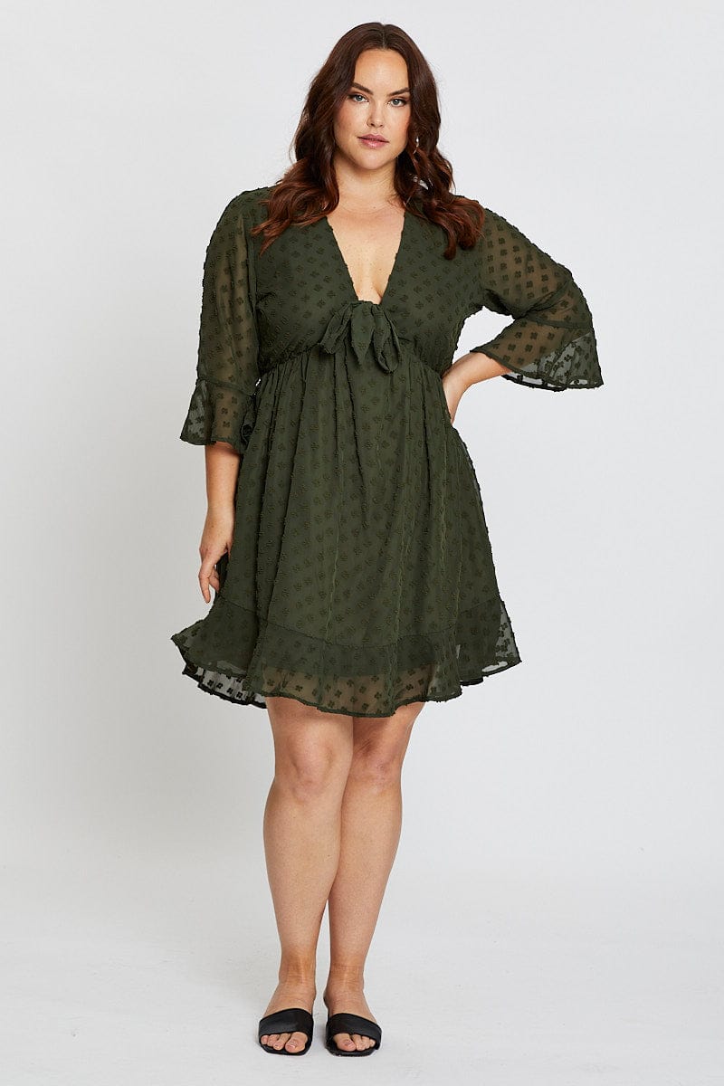 Green 3/4 Sleeve Flock Spot Tie Dress for YouandAll Fashion