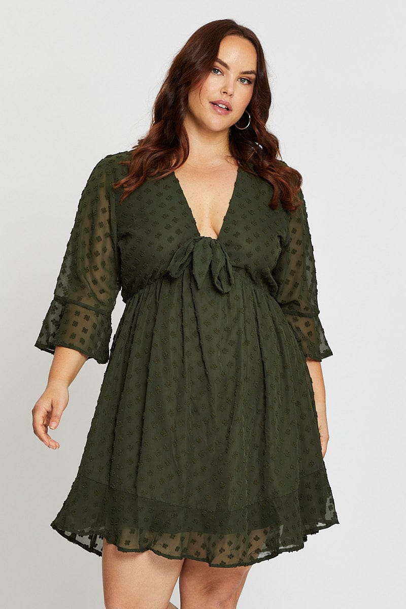 Green 3/4 Sleeve Flock Spot Tie Dress for YouandAll Fashion