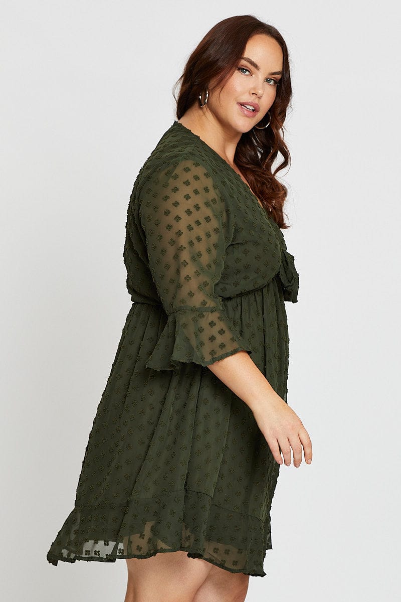 Green 3/4 Sleeve Flock Spot Tie Dress for YouandAll Fashion