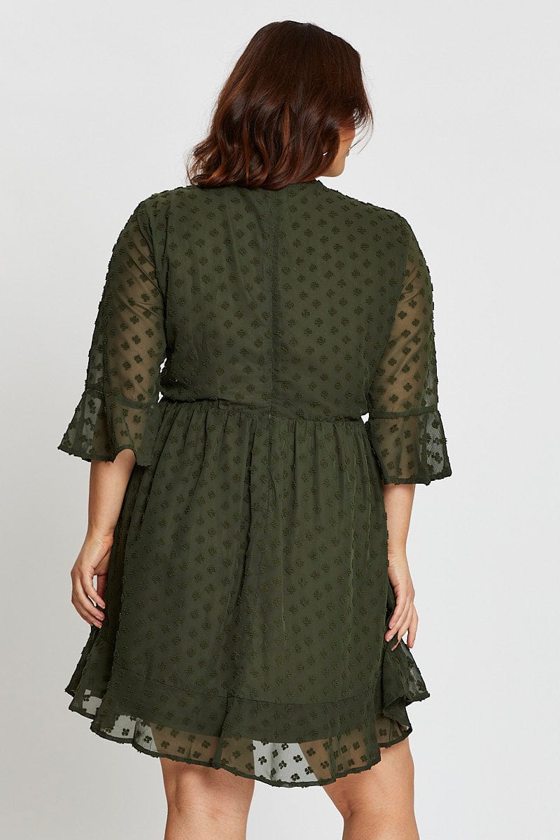 Green 3/4 Sleeve Flock Spot Tie Dress for YouandAll Fashion