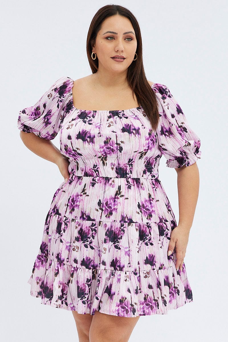 Purple Floral Skater Dress Gather Frill Hem for YouandAll Fashion