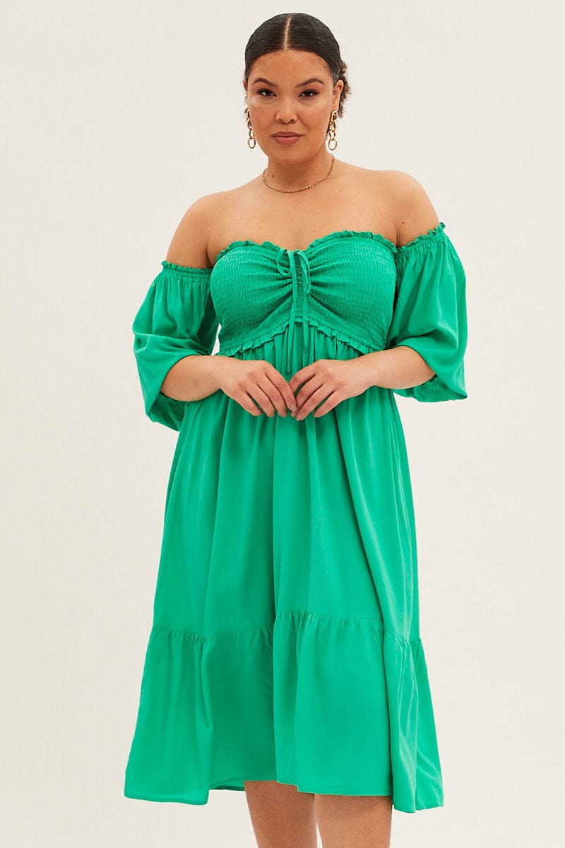 Green Midi Dress Off Shoulder Shirred for YouandAll Fashion