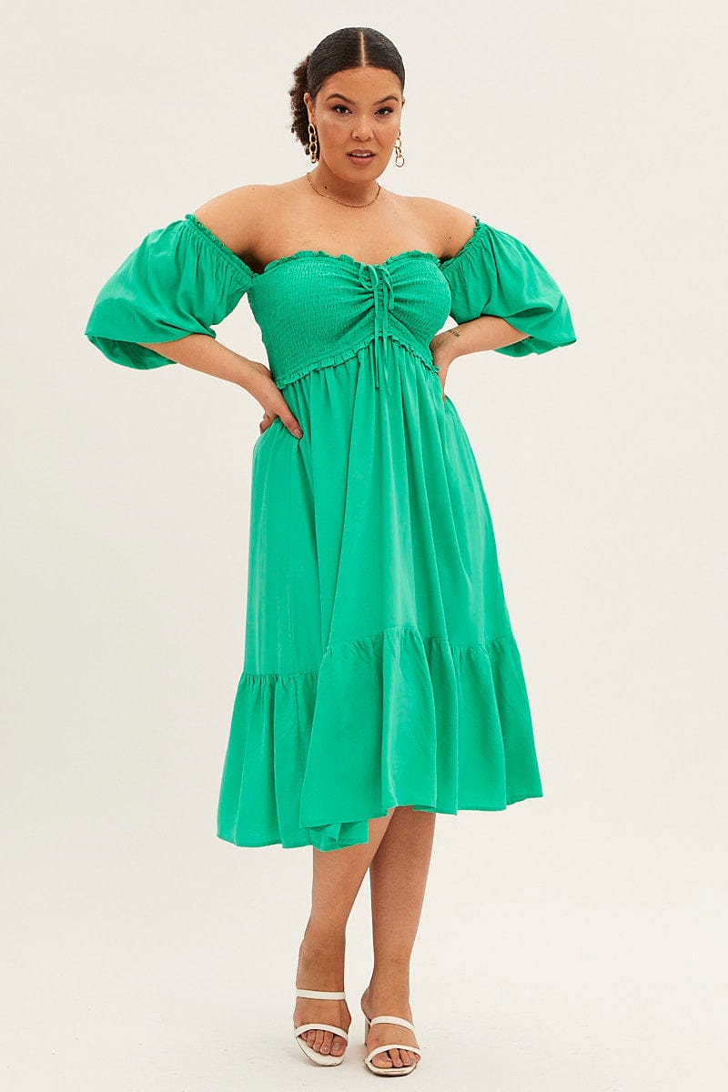 Green Midi Dress Off Shoulder Shirred | You & All Green Midi Dress Off Shoulder Shirred | You & All