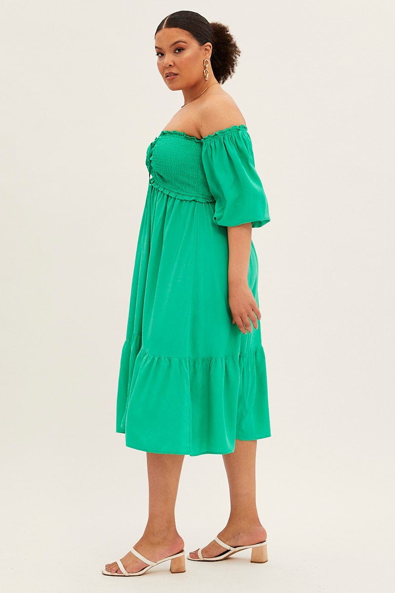 Green Midi Dress Off Shoulder Shirred for YouandAll Fashion