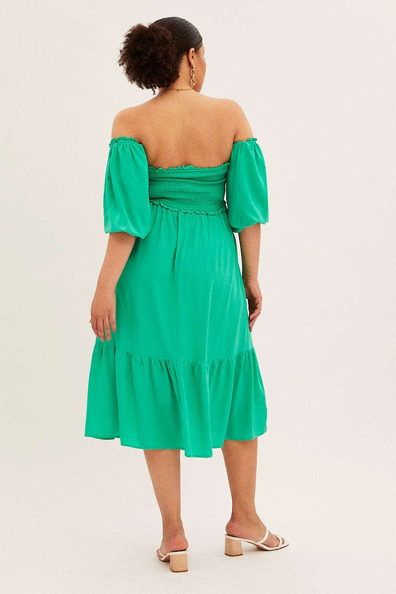 Green Midi Dress Off Shoulder Shirred | You & All Green Midi Dress Off Shoulder Shirred | You & All