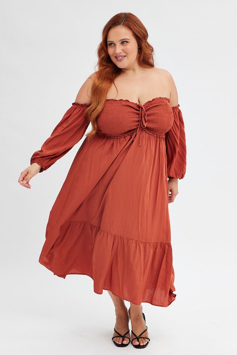 Rust Midi Dress Off Shoulder Shirred for YouandAll Fashion