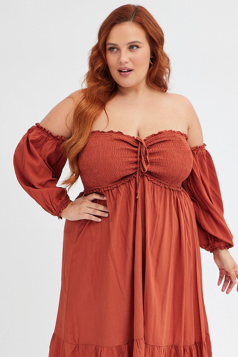 Rust Midi Dress Off Shoulder Shirred for YouandAll Fashion