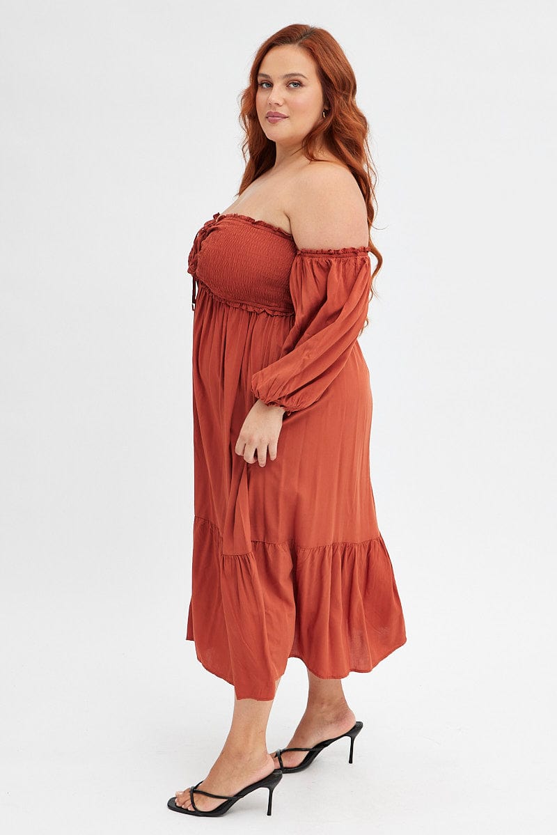 Rust Midi Dress Off Shoulder Shirred | You & All