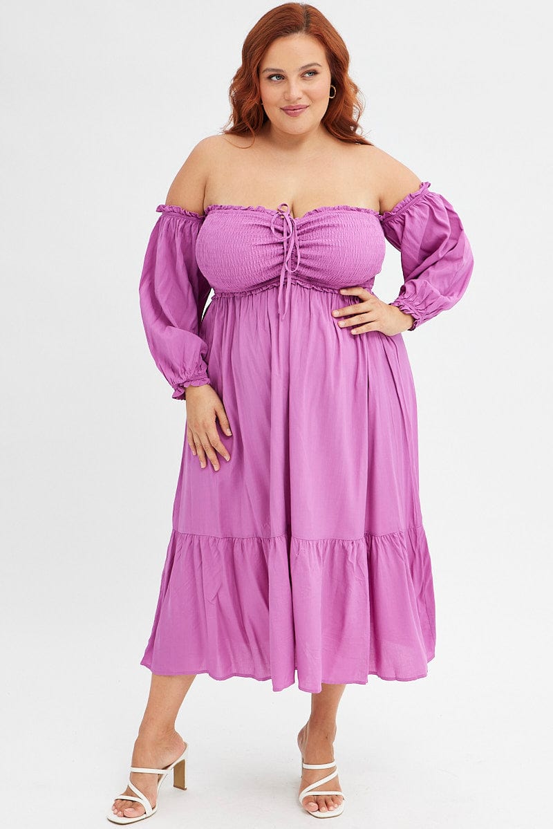 Purple Midi Dress Off Shoulder Shirred for YouandAll Fashion