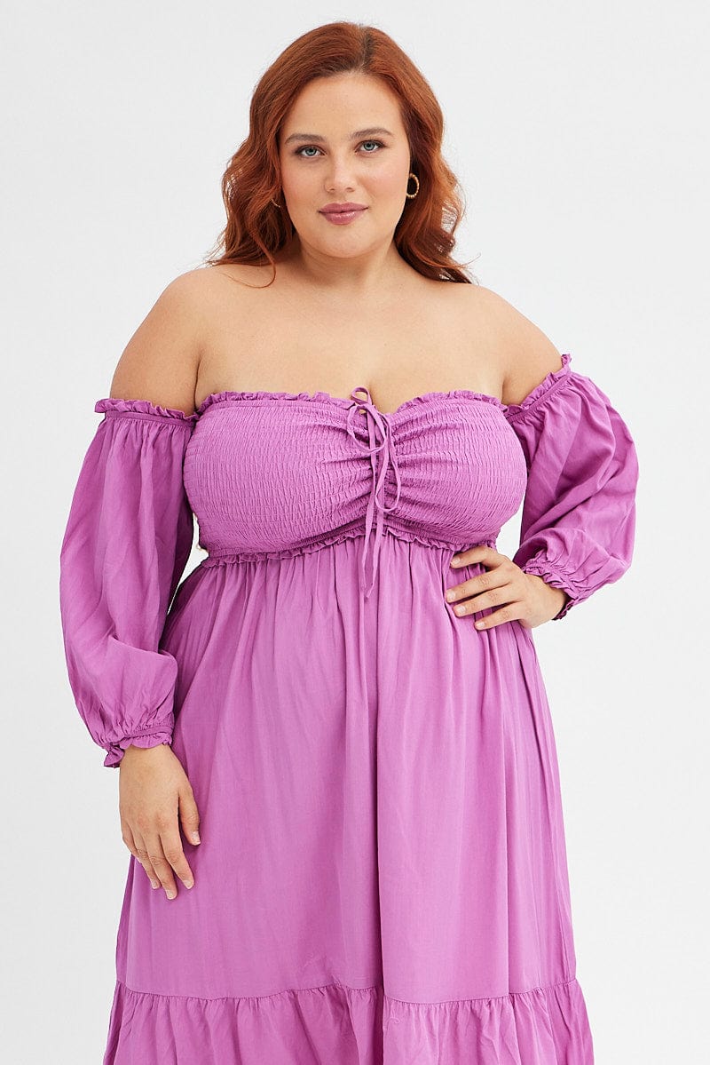 Purple Midi Dress Off Shoulder Shirred for YouandAll Fashion