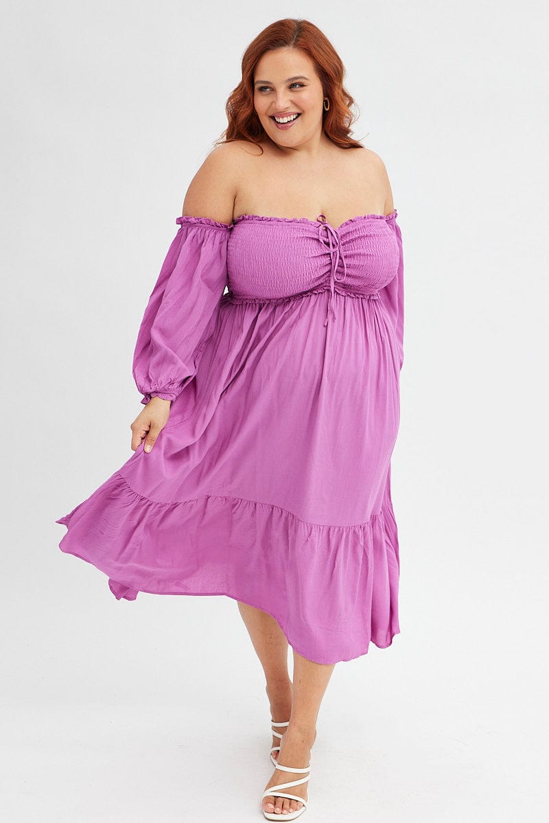 Purple Midi Dress Off Shoulder Shirred