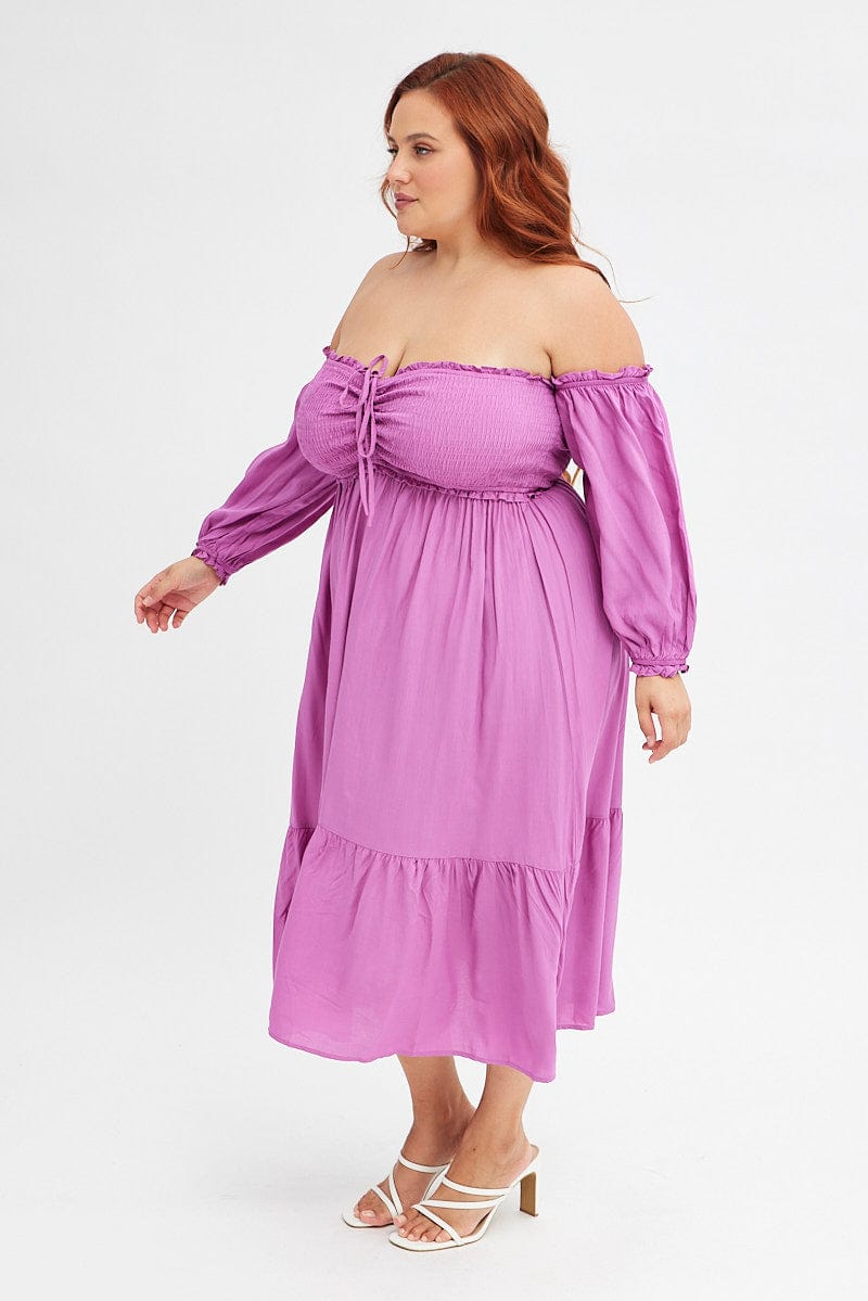 Purple Midi Dress Off Shoulder Shirred for YouandAll Fashion