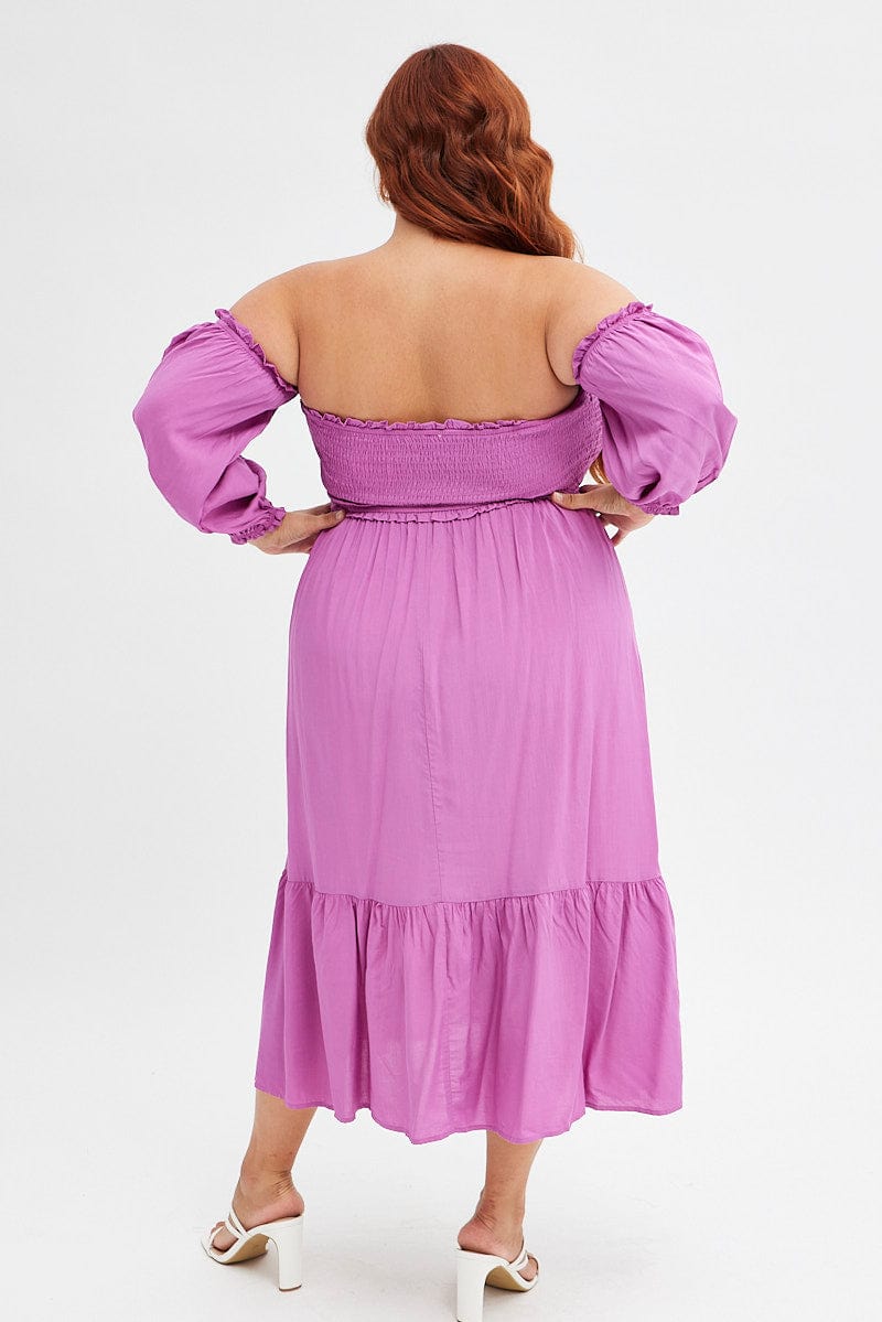 Purple Midi Dress Off Shoulder Shirred for YouandAll Fashion