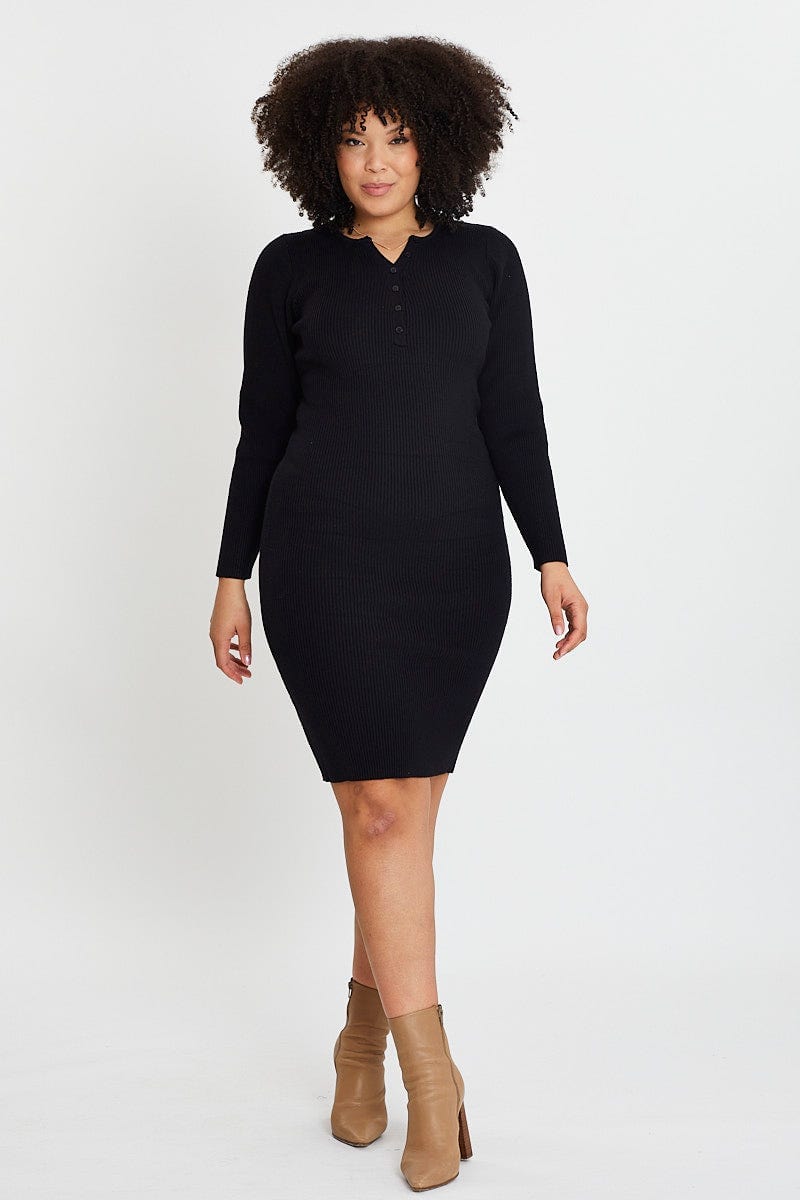 Black Midi Knit Bodycon Dress V-Neck Long Sleeve For Women By You And All