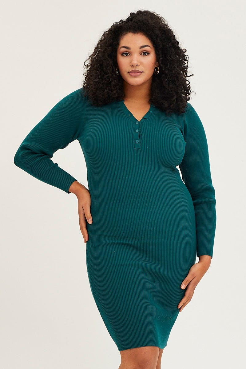 Black Midi Knit Bodycon Dress V-Neck Long Sleeve For Women By You And All