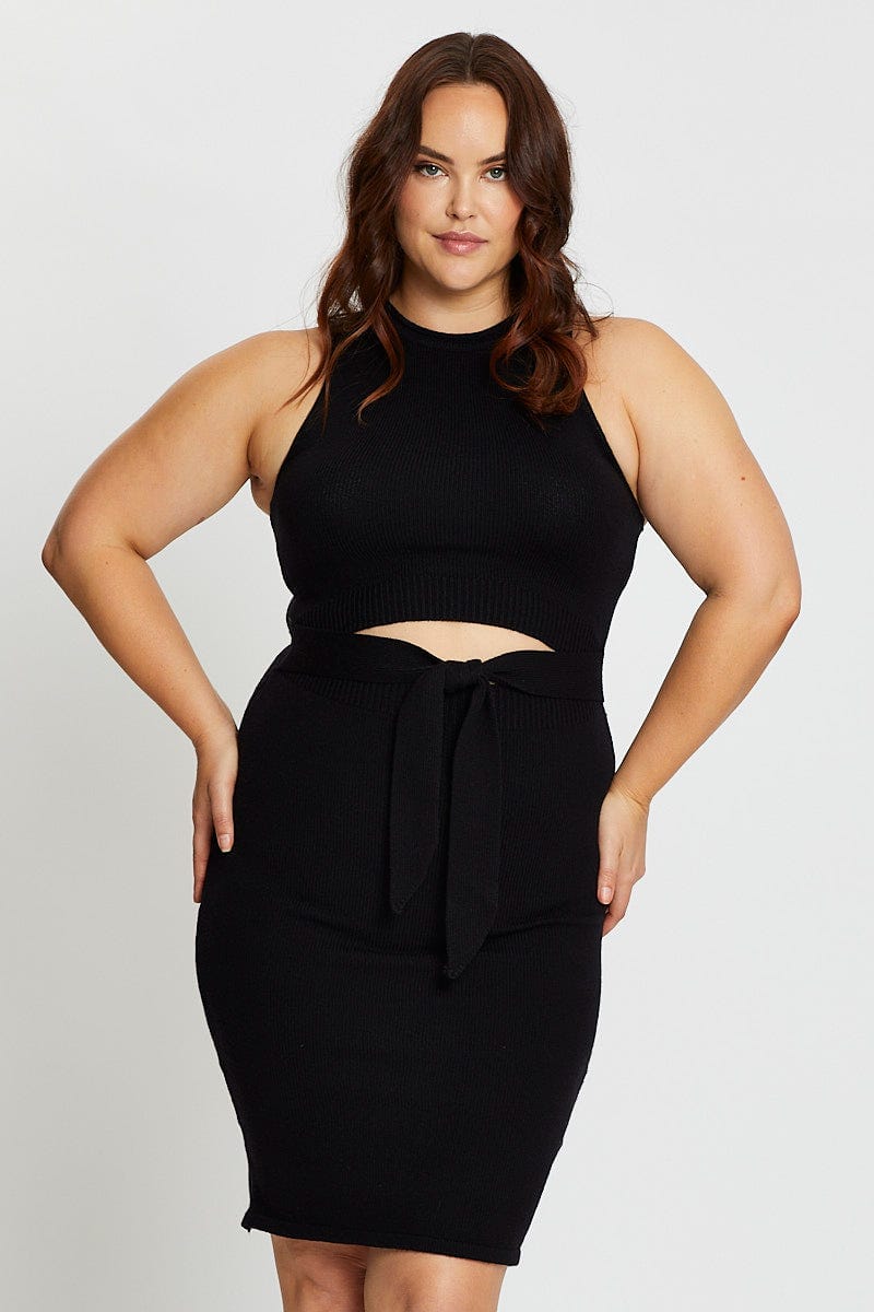Plus Size Black Sleeveless Tie Front Knitted Dress |You + All | Shop ...
