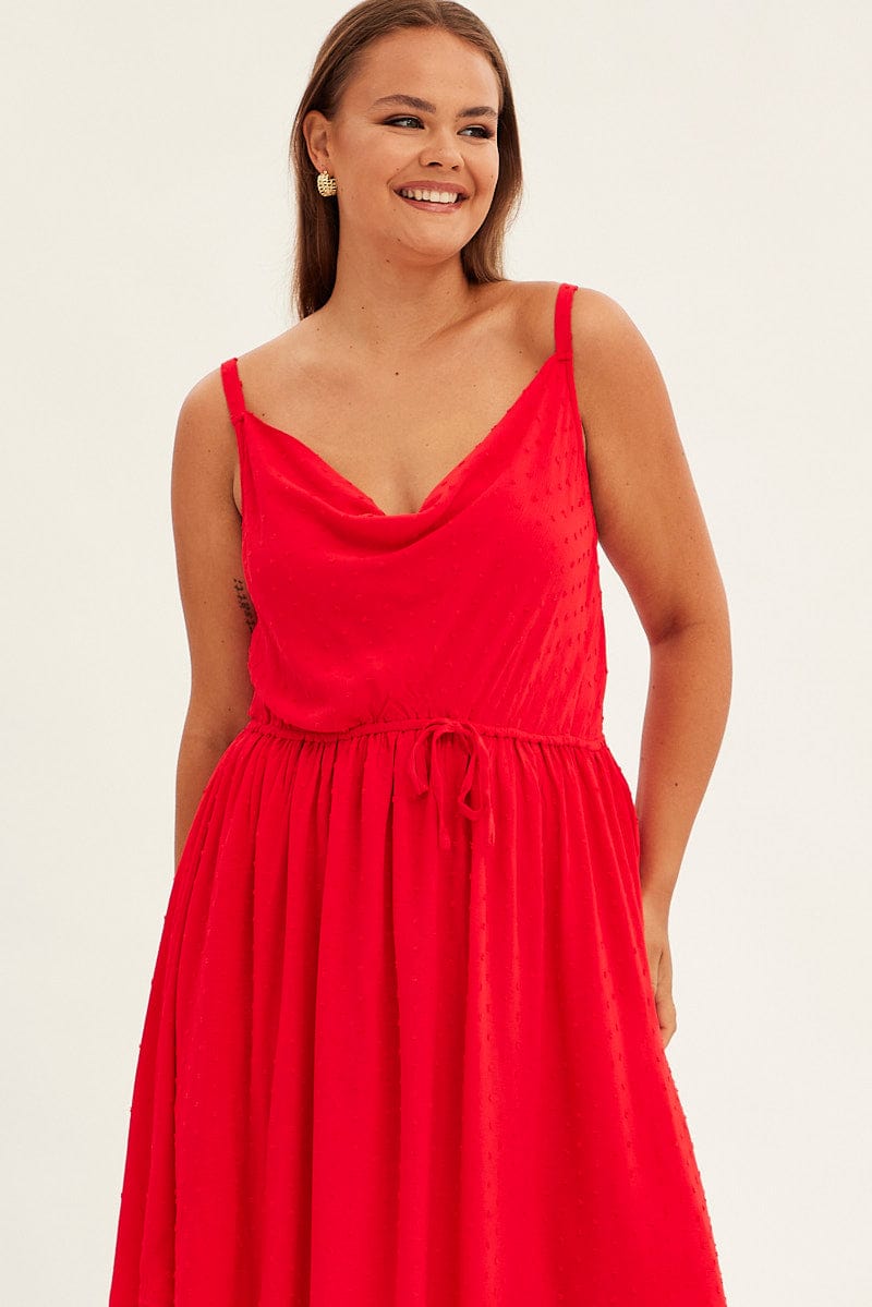 Red Party Dress Strappy V Hem Crinkle Dobby Viscose for YouandAll Fashion