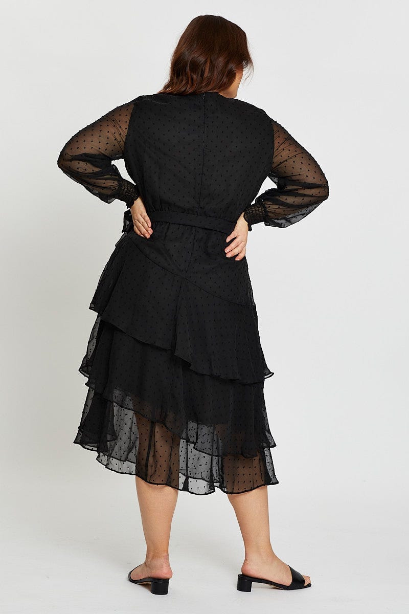 Plus Size Black Long Sleeve Flocked Spot Chiffon Layer Midi Dress