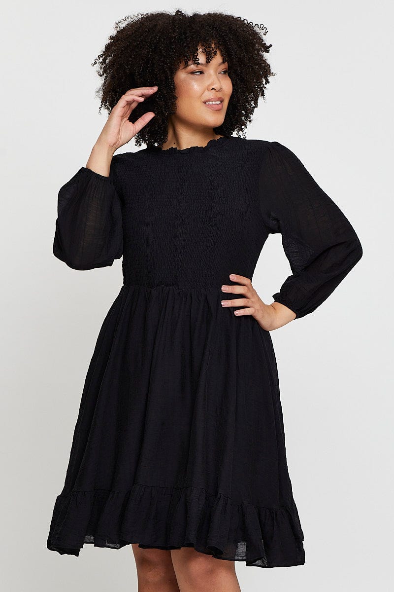 Black Skater Dress Round Neck Long Sleeve Shirred For Women By You And All
