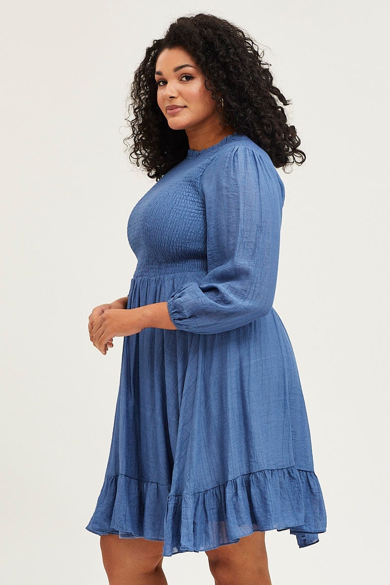 Blue Skater Dress Round Neck Long Sleeve Shirred for Women by You and All