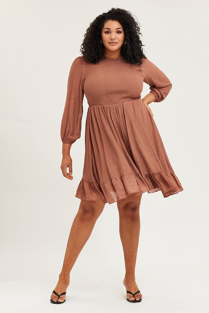 Plus Size Brown Skater Dress Round Neck Long Sleeve Shirred |You + All | Shop Online | You & All Plus Size Brown Skater Dress Round Neck Long Sleeve Shirred |You + All | Shop Online | You & All