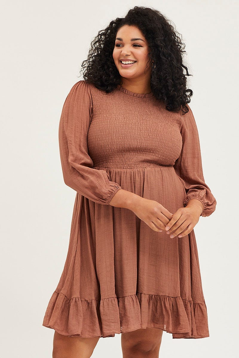 Plus Size Brown Skater Dress Round Neck Long Sleeve Shirred |You + All | Shop Online | You & All Plus Size Brown Skater Dress Round Neck Long Sleeve Shirred |You + All | Shop Online | You & All