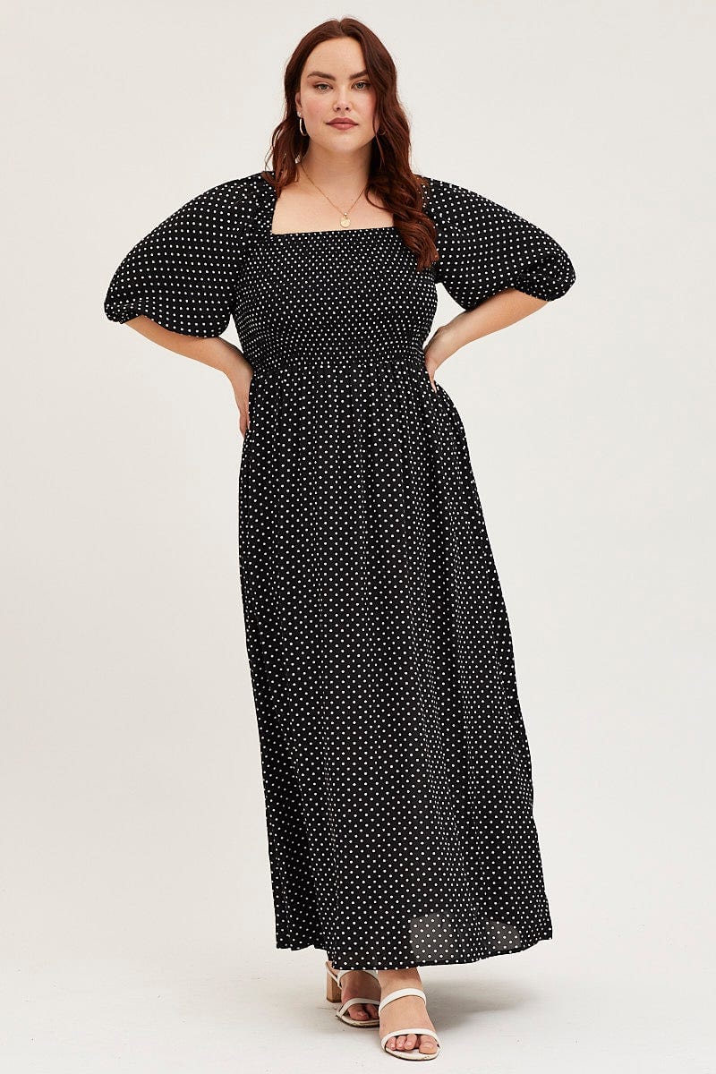 Plus Size Polka Dot Midi Dress Scoop Neck Short Sleeve