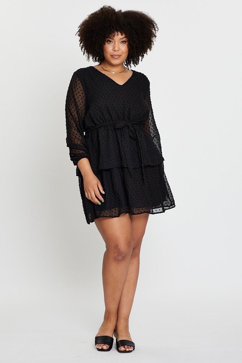 Black Long Sleeve Flocked Spot Skater Dress For Women By You And All