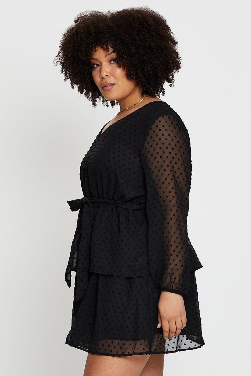 Plus Size Black Long Sleeve Flocked Spot Skater Dress You All