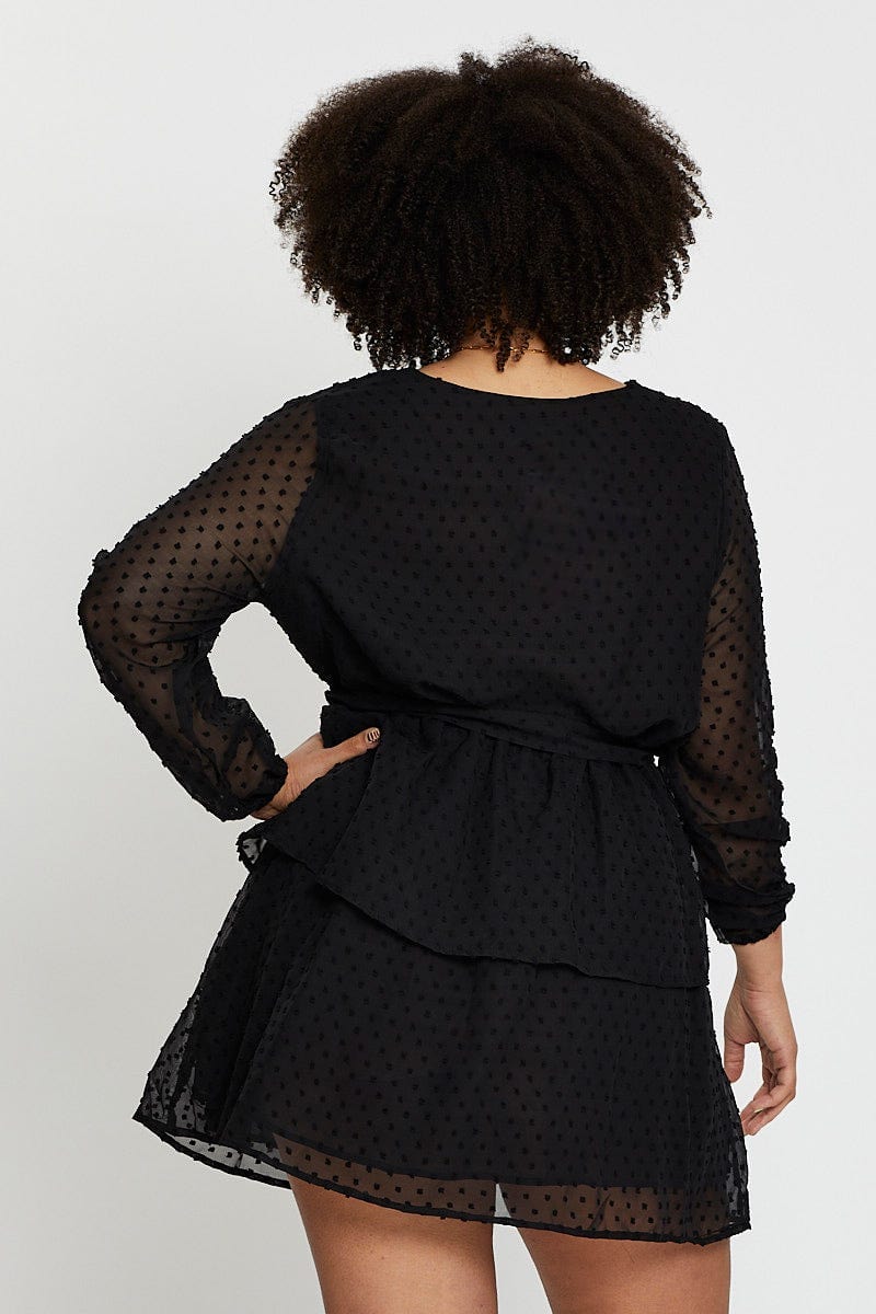 Black Long Sleeve Flocked Spot Skater Dress For Women By You And All