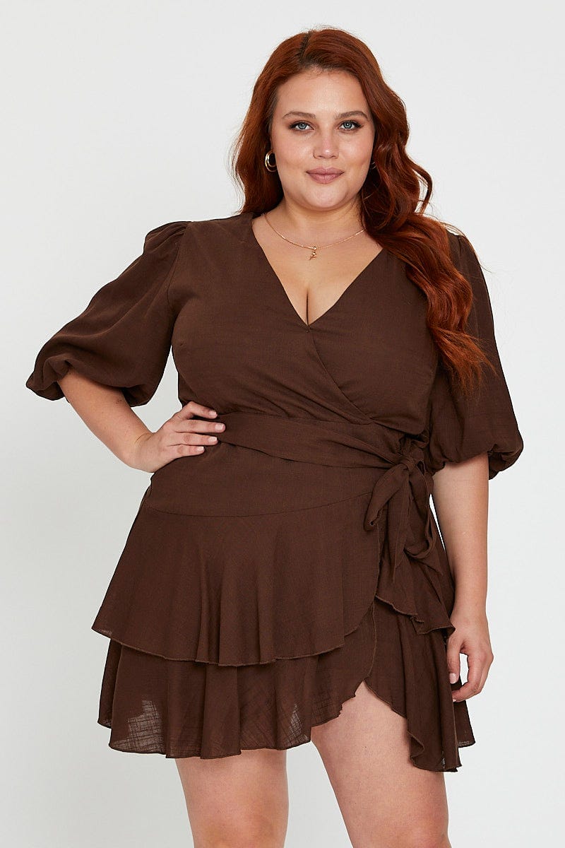 Brown Skater Dress V-Neck Short Sleeve Tie For Women By You And All