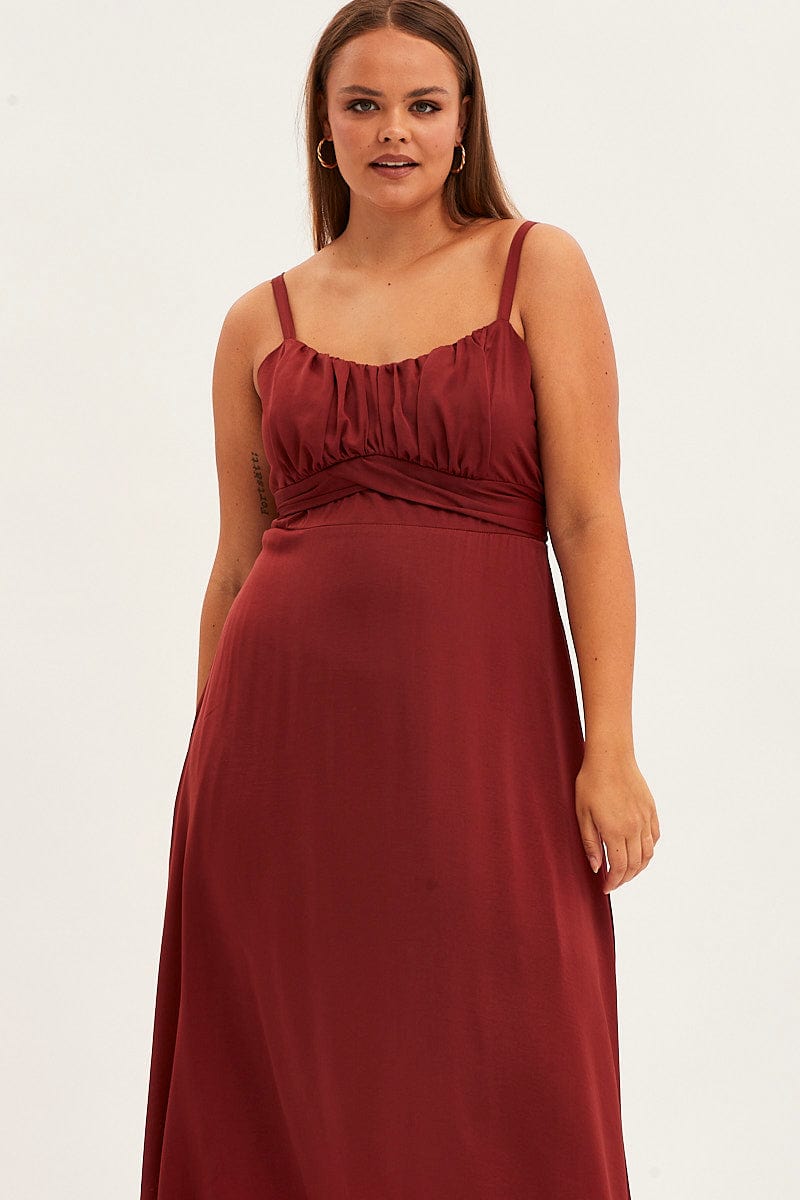 Red Midi Dress Shoestring Strap Tie Back Satin
