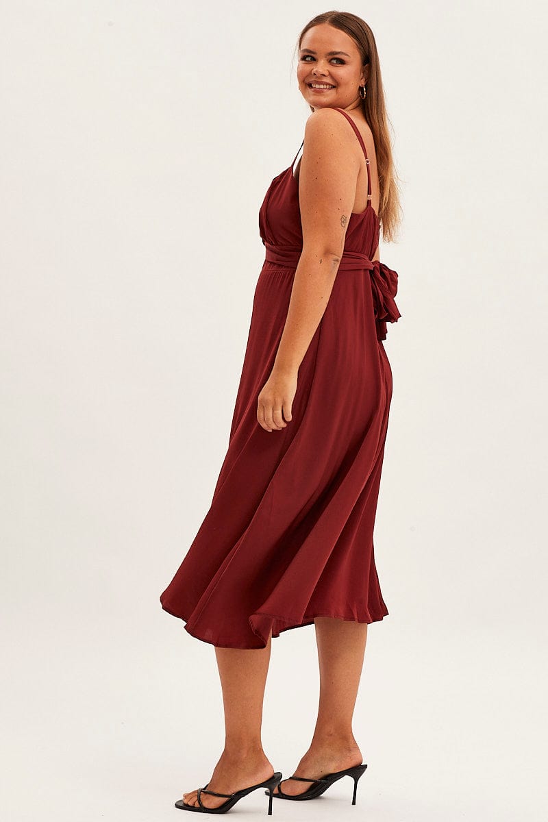 Red Midi Dress Shoestring Strap Tie Back Satin for YouandAll Fashion