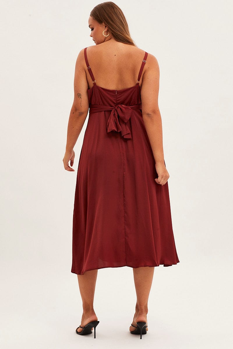 Red Midi Dress Shoestring Strap Tie Back Satin for YouandAll Fashion