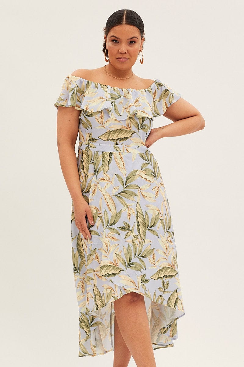 Blue Floral Maxi Dress Off Shoulder Crepe for YouandAll Fashion