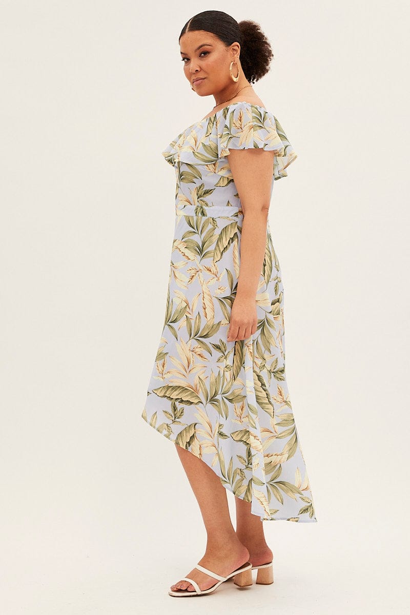 Blue Floral Maxi Dress Off Shoulder Crepe for YouandAll Fashion