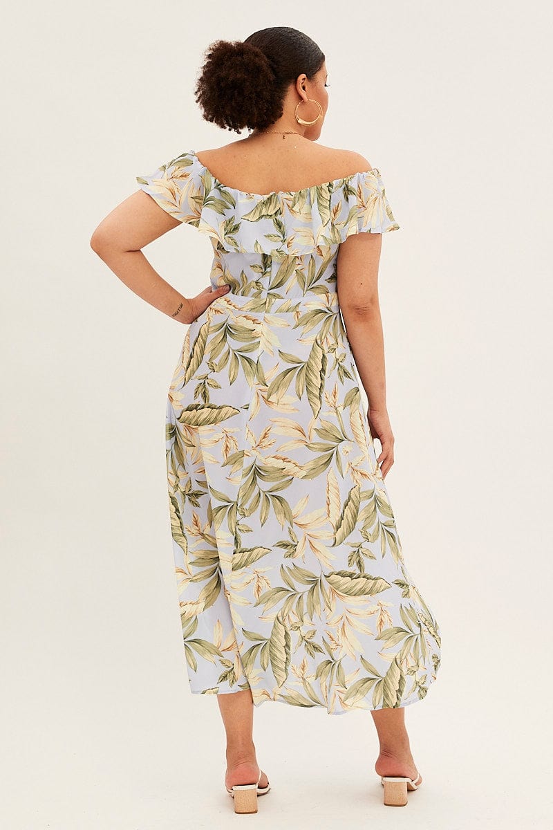 Blue Floral Maxi Dress Off Shoulder Crepe for YouandAll Fashion