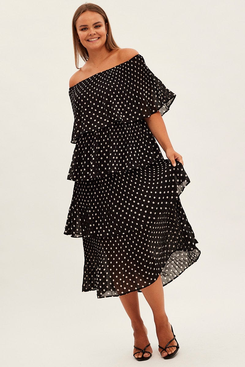 Black Polka Dot Midi Dress Off Shoulder Pleated for YouandAll Fashion