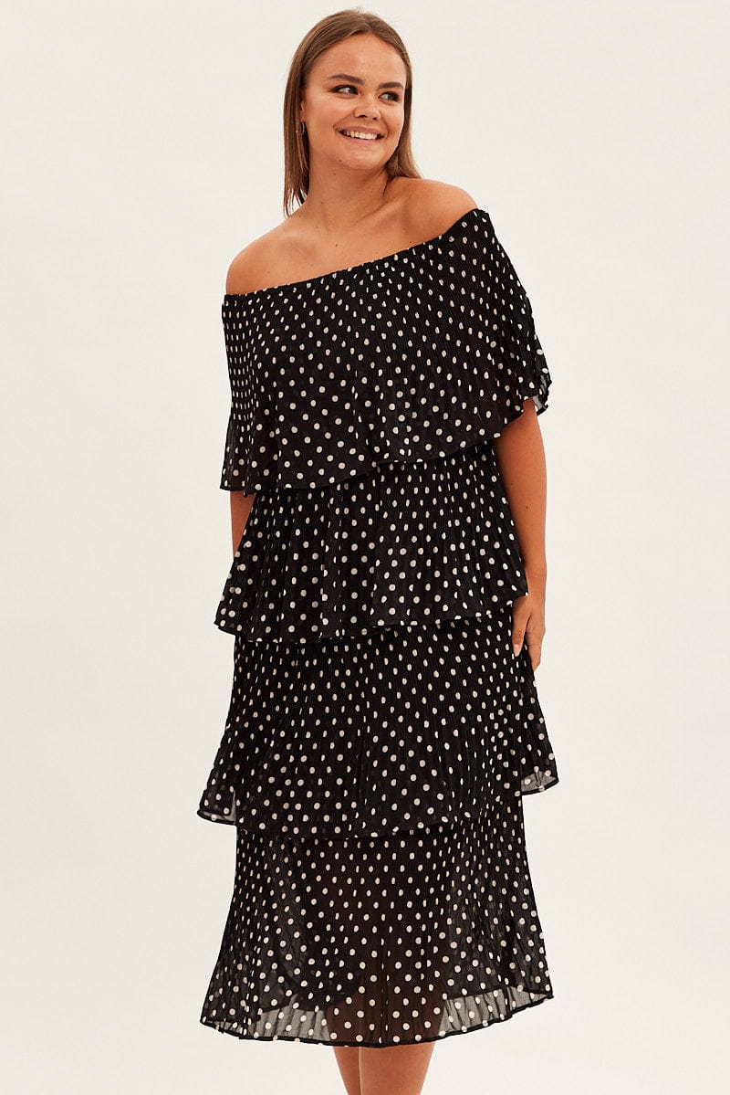 Black Polka Dot Midi Dress Off Shoulder Pleated