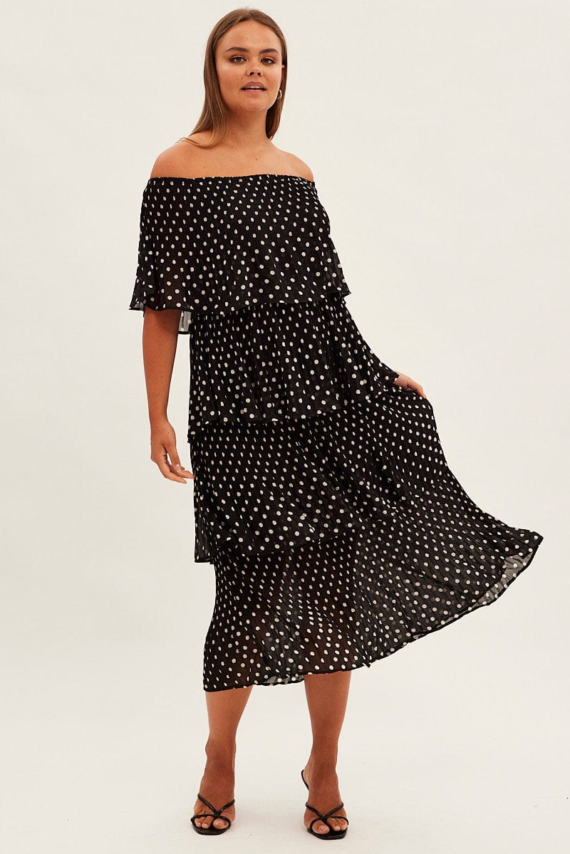 Black Polka Dot Midi Dress Off Shoulder Pleated for YouandAll Fashion