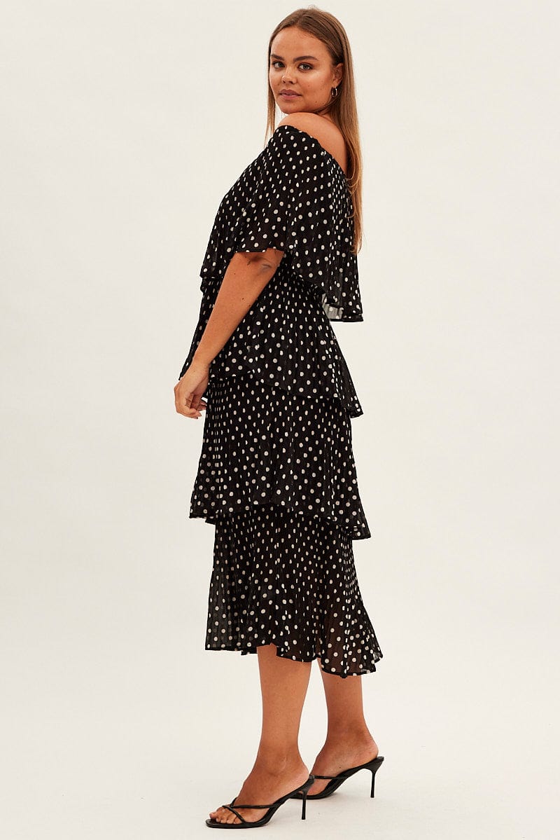 Black Polka Dot Midi Dress Off Shoulder Pleated for YouandAll Fashion