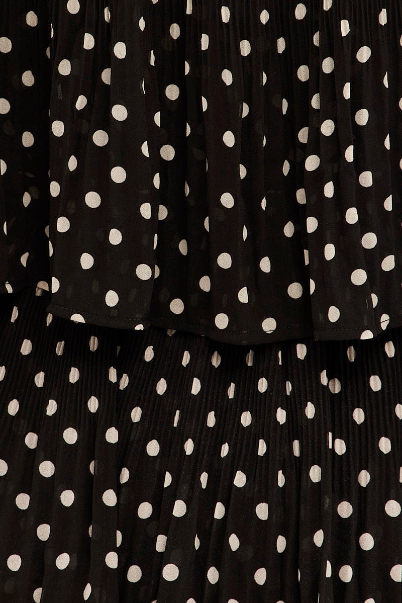 Black Polka Dot Midi Dress Off Shoulder Pleated for YouandAll Fashion