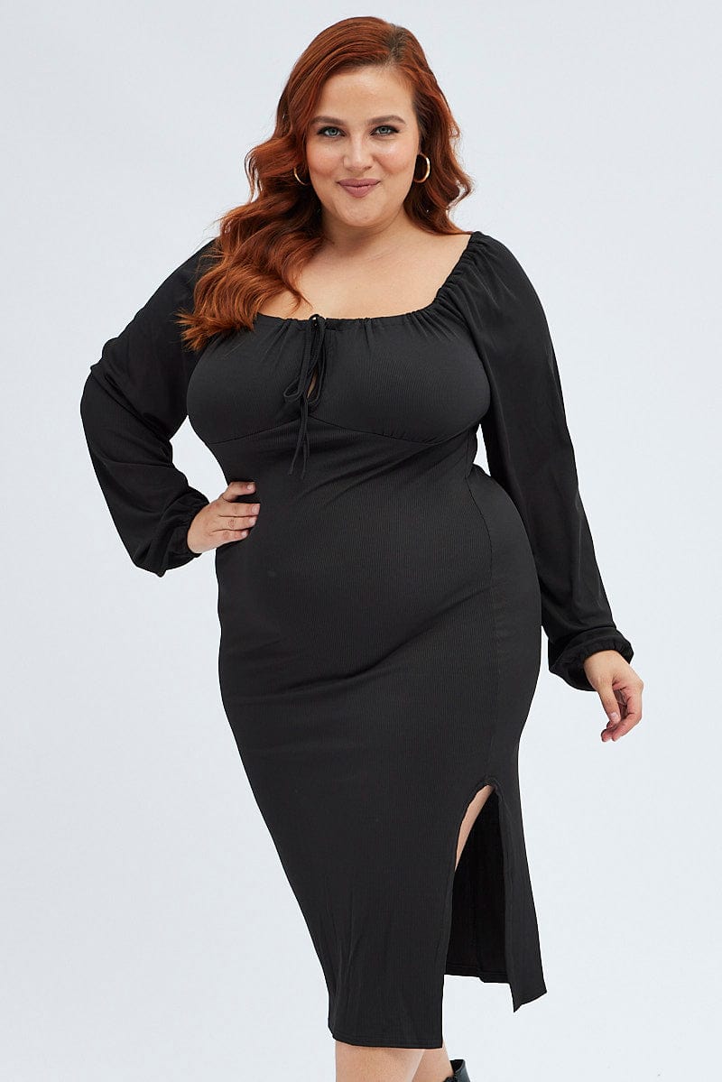 Black Bodycon Dress Rib Jersey Tie Midi Off Shoulder for YouandAll Fashion