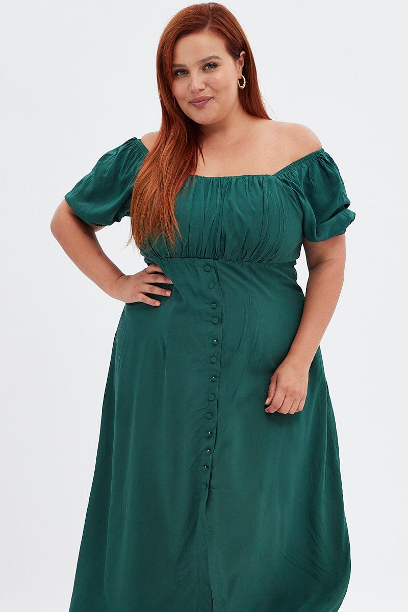 Green Midi Dress Puff Sleeve Button Front Rayon for YouandAll Fashion