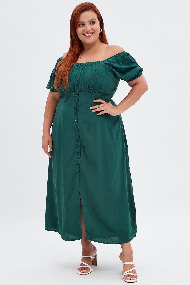 Green Midi Dress Puff Sleeve Button Front Rayon for YouandAll Fashion