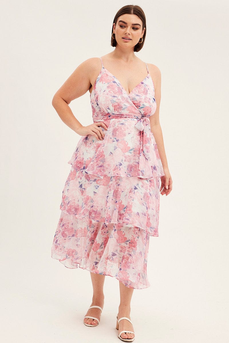 Pink Floral Midi Dress Shoestring Frill Chiffon Print for YouandAll Fashion