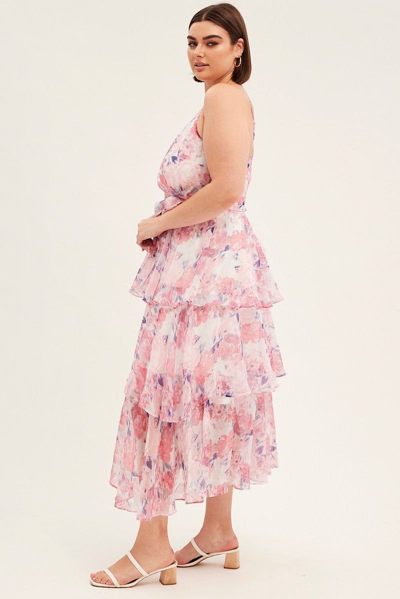 Pink Floral Midi Dress Shoestring Frill Chiffon Print for YouandAll Fashion