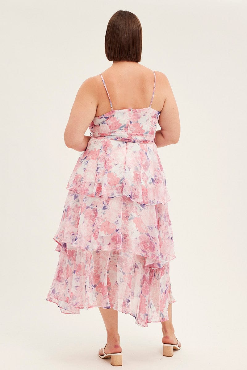 Pink Floral Midi Dress Shoestring Frill Chiffon Print for YouandAll Fashion